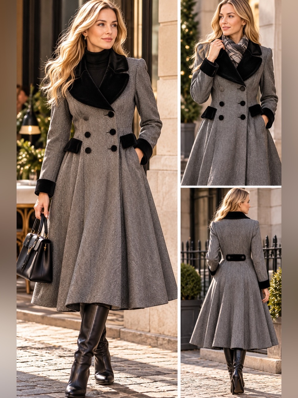Women's Gray Midi Fit-and-Flare Coat Dress with Black Velvet Trim